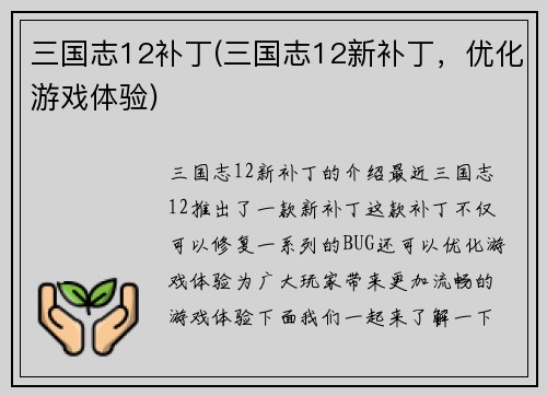三国志12补丁(三国志12新补丁，优化游戏体验)