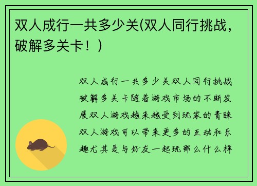双人成行一共多少关(双人同行挑战，破解多关卡！)